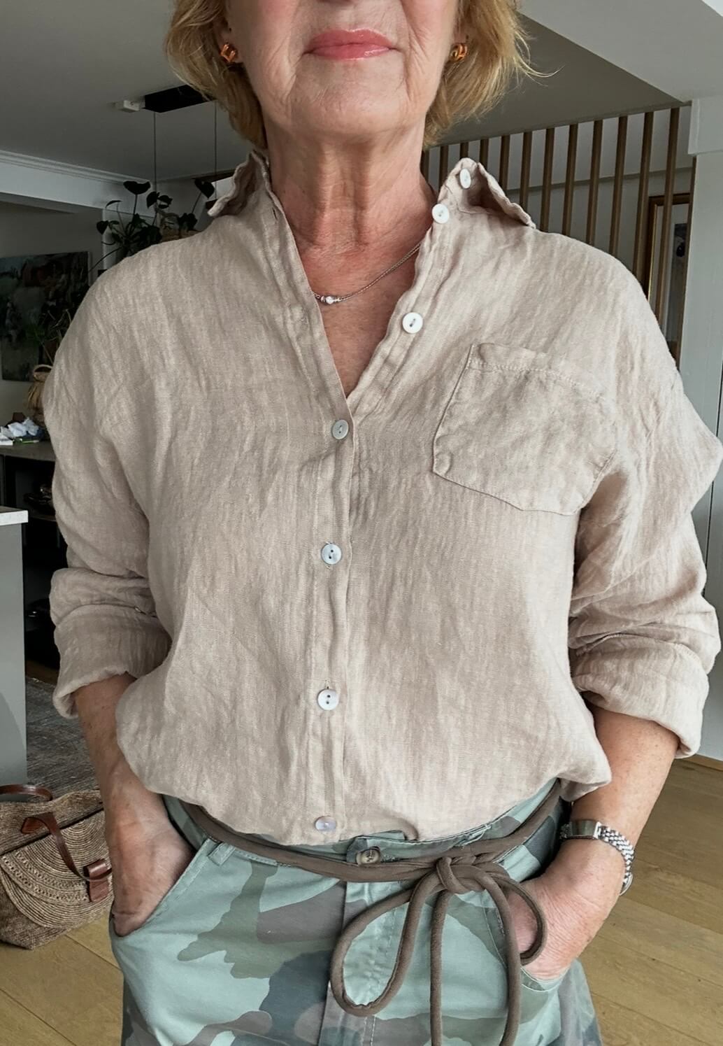 Fray lin bluse i brune ruter, beige og hvit - Bilde 5