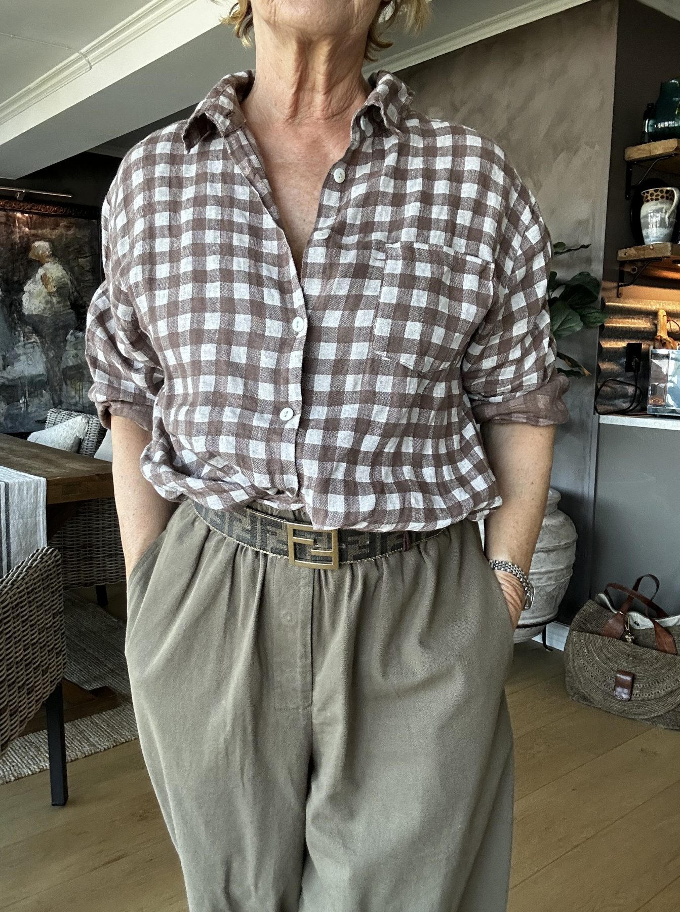 Fray lin bluse i brune ruter, beige og hvit
